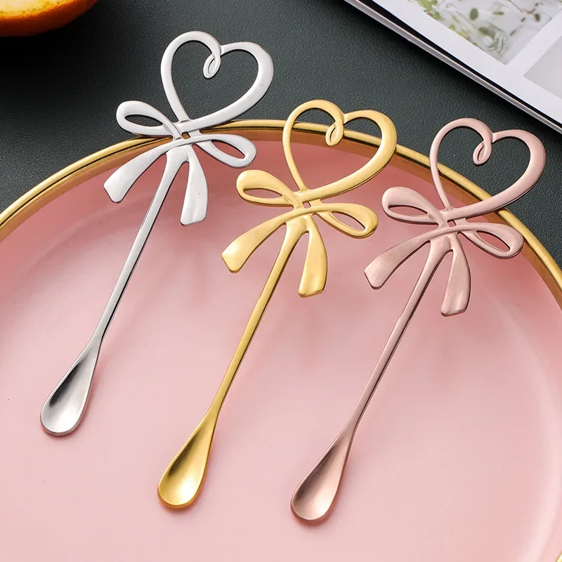 Mini Bow Knot Heart Shaped Spoon Stainless Steel Coffee Tea Dessert Spoon Hanging Spoon Table Decoration Flatware