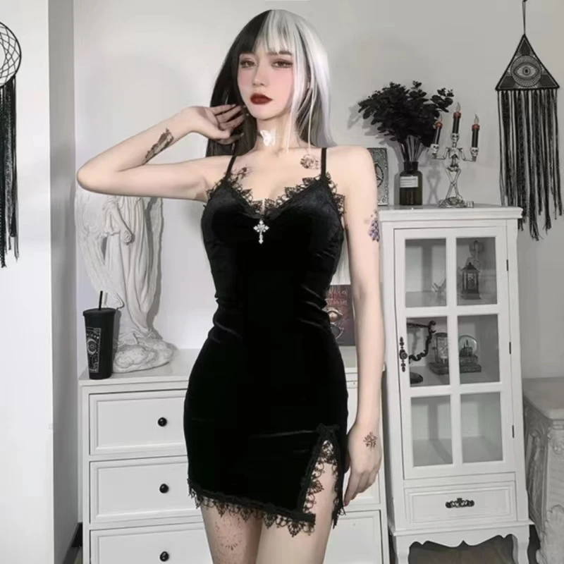 

Women's Dark Cross Black Mini Dress, Sexy Spaghetti Strap, High Waist, Slit, Goth, Party, Club