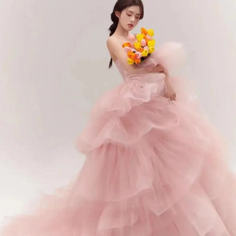 Sweet Pink Vestidos  Quinceaneras Sexy Strapless Tiered Vestido  Festa New Tulle Ball Gowns With Small Train Plus SizeCustomized