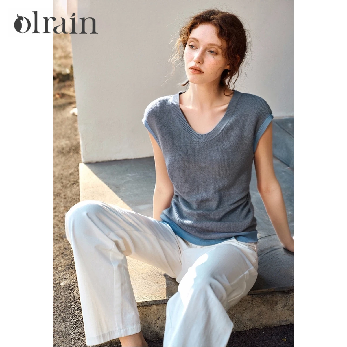 

OLrain Women's Summer Knitted Sweater Casual Knit Top 2025 V-neck Contrast Color Gray Cap Jumpers Ladies Clothes O57XZ98193