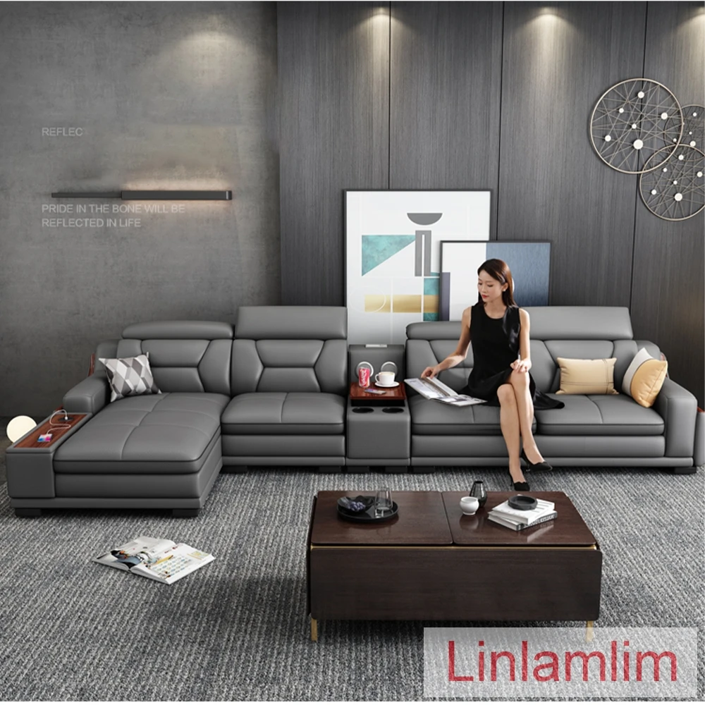 Beautify Your Living Room with MINGDIBAO Italian Genuine Leather Sofa - Bluetooth Speaker, Adjustable Headrests and USB Charging