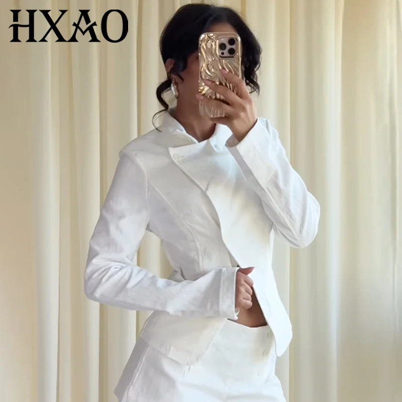 

HXAO Asymmetric White Blazer Woman 2026 Chic Cropped Slim High Neck Long Sleeve Suit Jacket Elegant Office Look Blazer For Woman