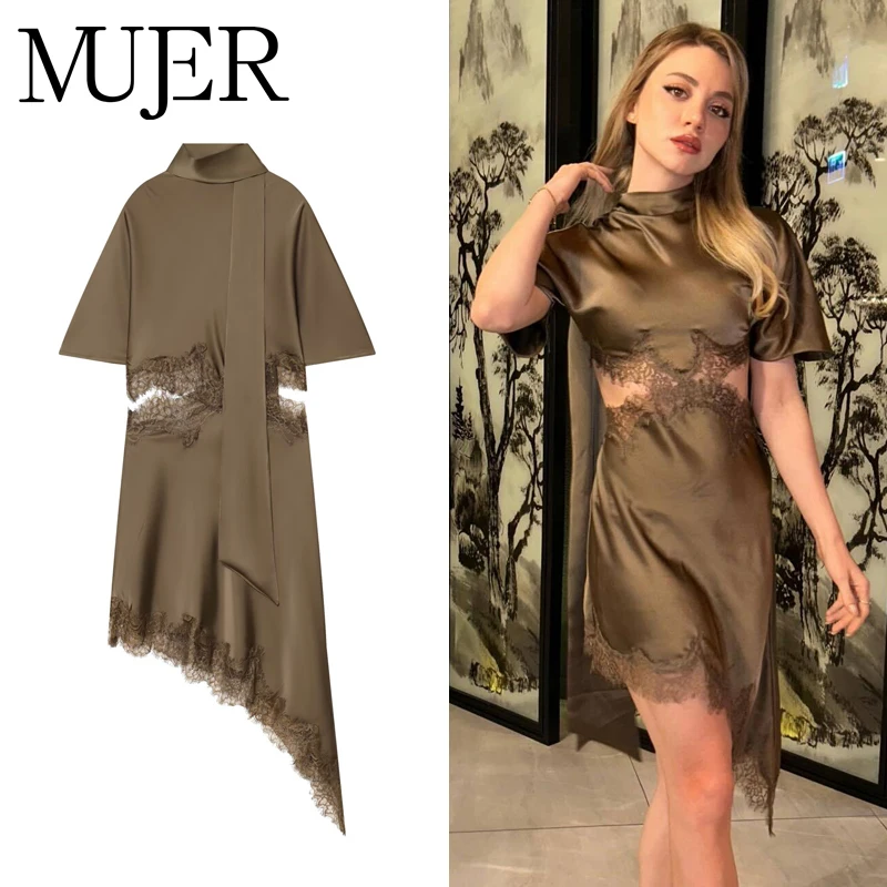 MUJER Satin-Spitzen-Minikleid für Damen, asymmetrisches Cut-Out-Kleid, kurzärmelig, Partykleid, Schal, elegante kurze Kleider