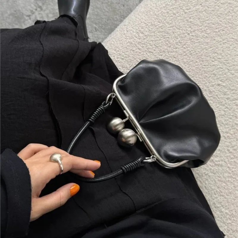 

JIAERDI Retro Black Pleated Clip Bag Women Leather Small Capacity Handbag Ladies Fashion Everyday Versatile Commute Shoulder Bag