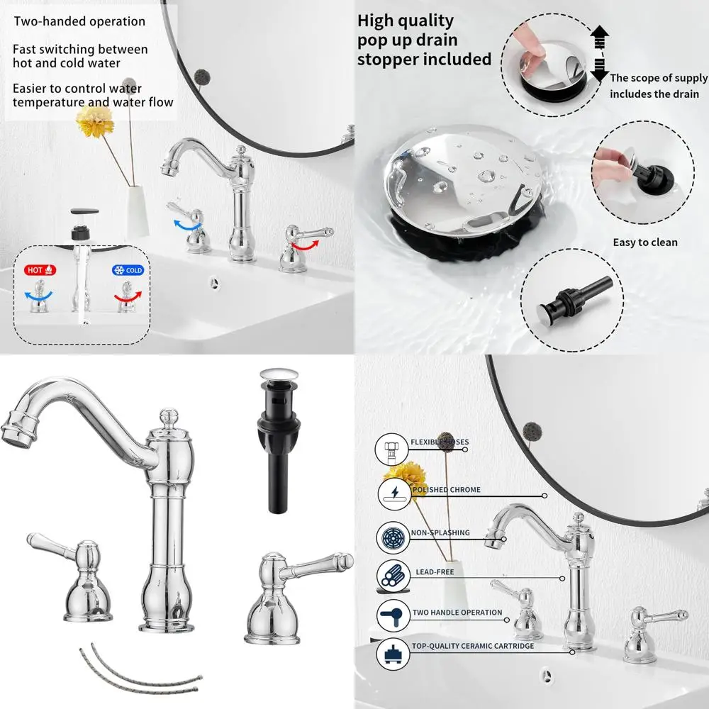 

Polished Chrome Widespread 2-Handle 3-Hole Bathroom Sink Faucet with Mixer and Pop-Up Drain Included