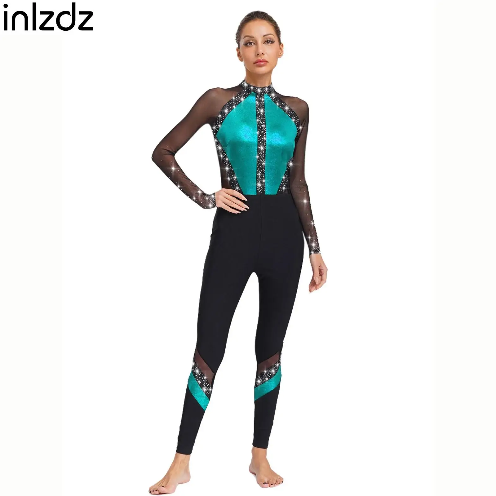 

Womens Gymnastics Dance Tight Jumpsuit Stylish Rhinestones Full Body Leotard Bodysuit for Ballet Modern Dance Figure Ice Skating
