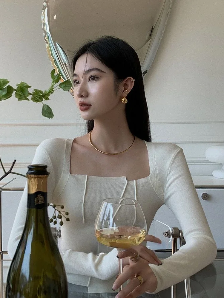 

Crop Designed Pullovers Women Slim Sexy All-match Irregular Vintage Square Collar Elegant Ladies French Style Chic Beautiful