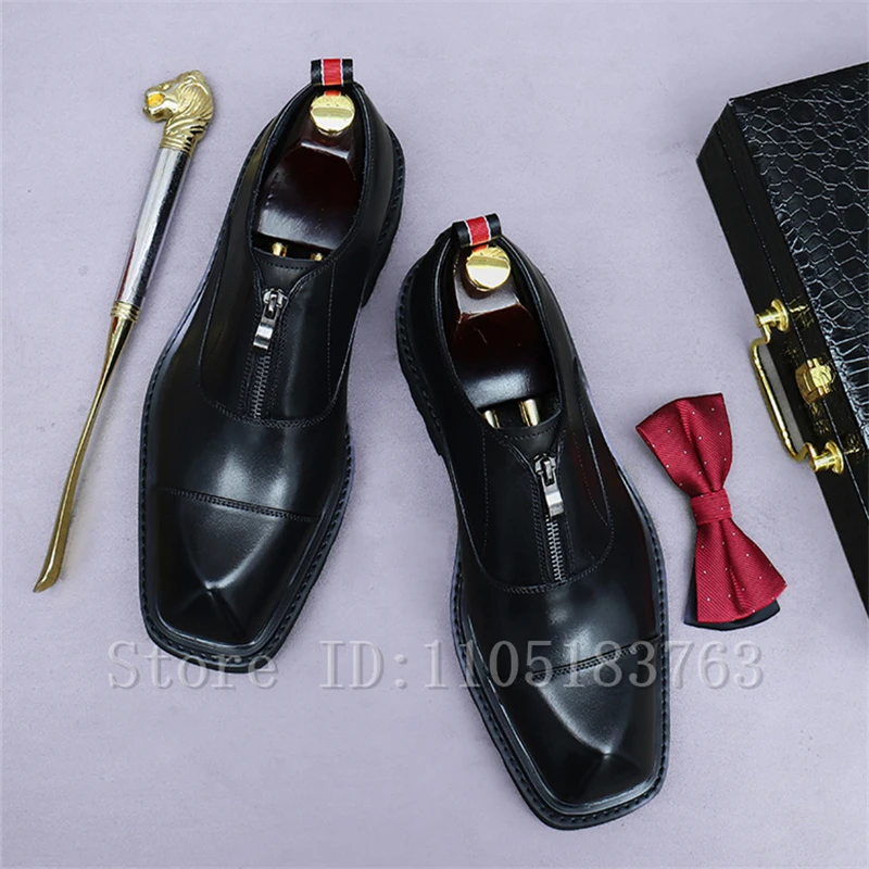 Square Toe Medium Zipper Men Leather Shoes Luxury Handmade Cowhide Thick Soled Height Increasing Business Formal Shoes