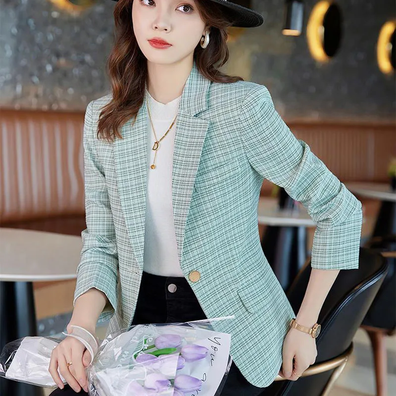 Spring Autumn Women Blazer Ladies Plaid Single Button Long Sleeve Casual Suit Jacket Coat Female Outerwear Women's Clothing