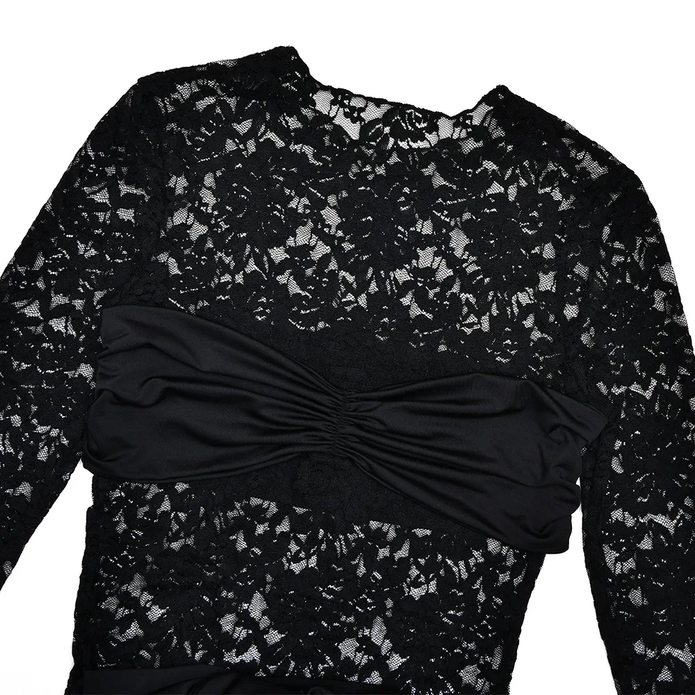 レースアップリボンシャーリングパッチワークシースルーレースボディコンミニドレス女性セクシーなOネック長袖スリム誕生日パーティークラブウェア