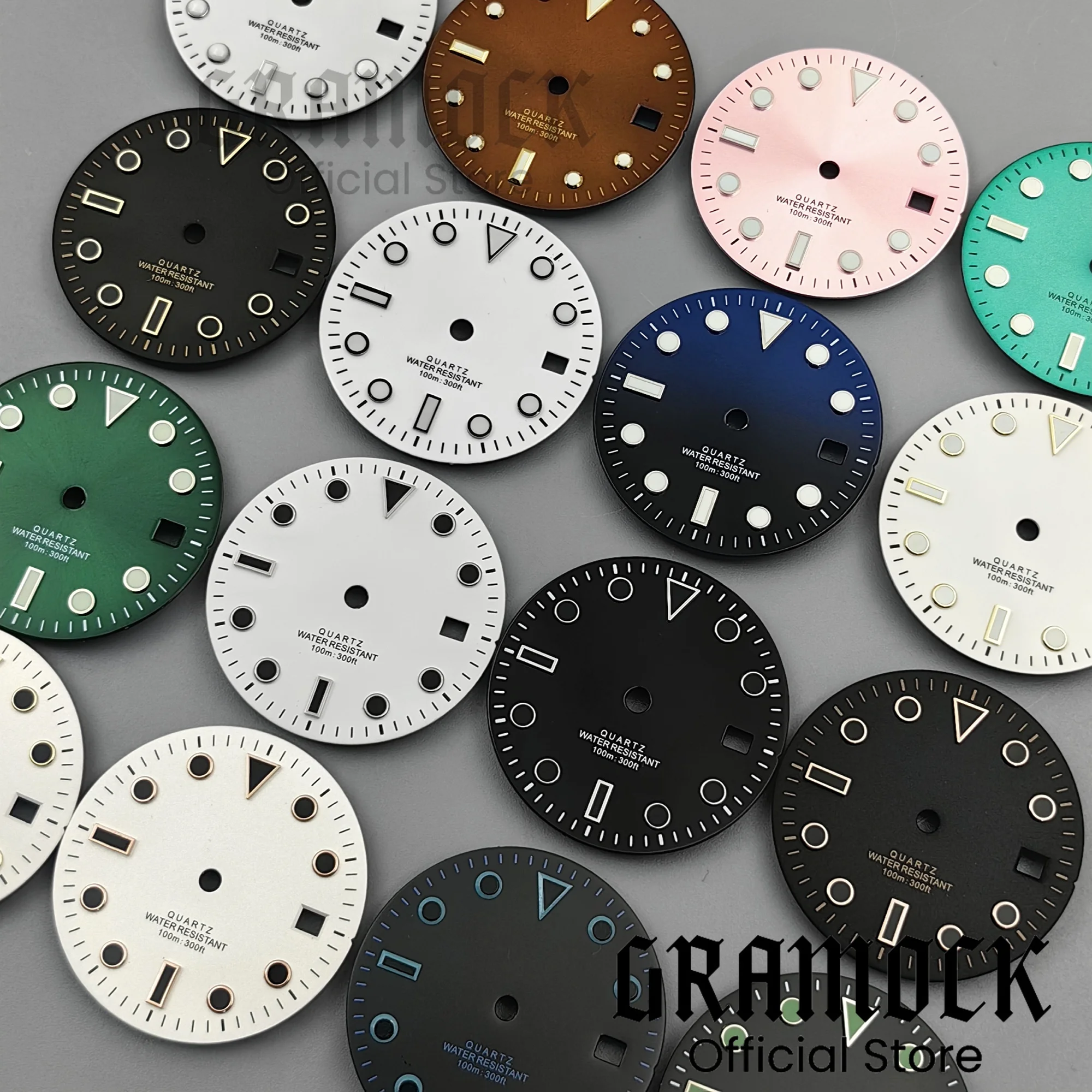 GRAMOCK 29mm Sterile Face Quartz Black Green Pink Luminous Sunberst/Matte Watch Dial Fit RONDA 515 Movement Watch Modified Part