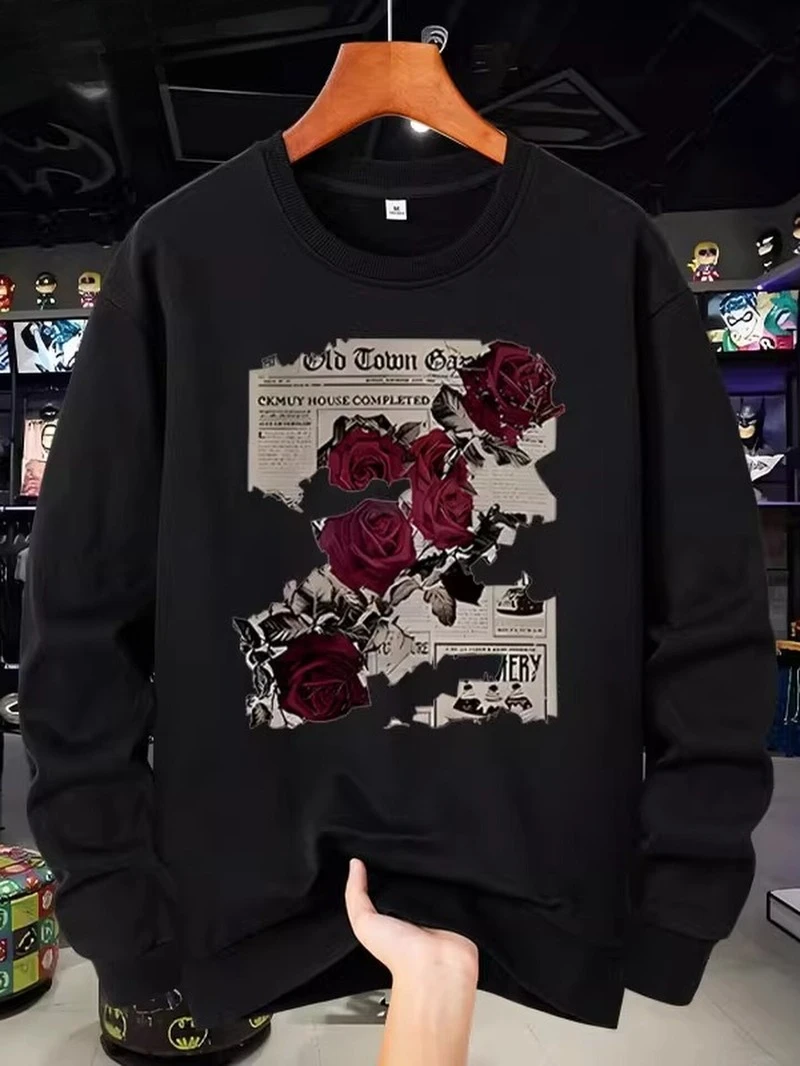 

2025 Autumn Winter Round-neck Hoodie Newspaper Style Rose Pattern Print High-end Luxury Is for Both Men and Women Top Y2k