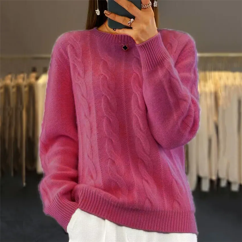 Mandylandy O-neck Pullovers Sweater Women Long Sleeve Solid Color Sweater Jumpers Top Retro Cable-Knit Pullover Sweater Coats