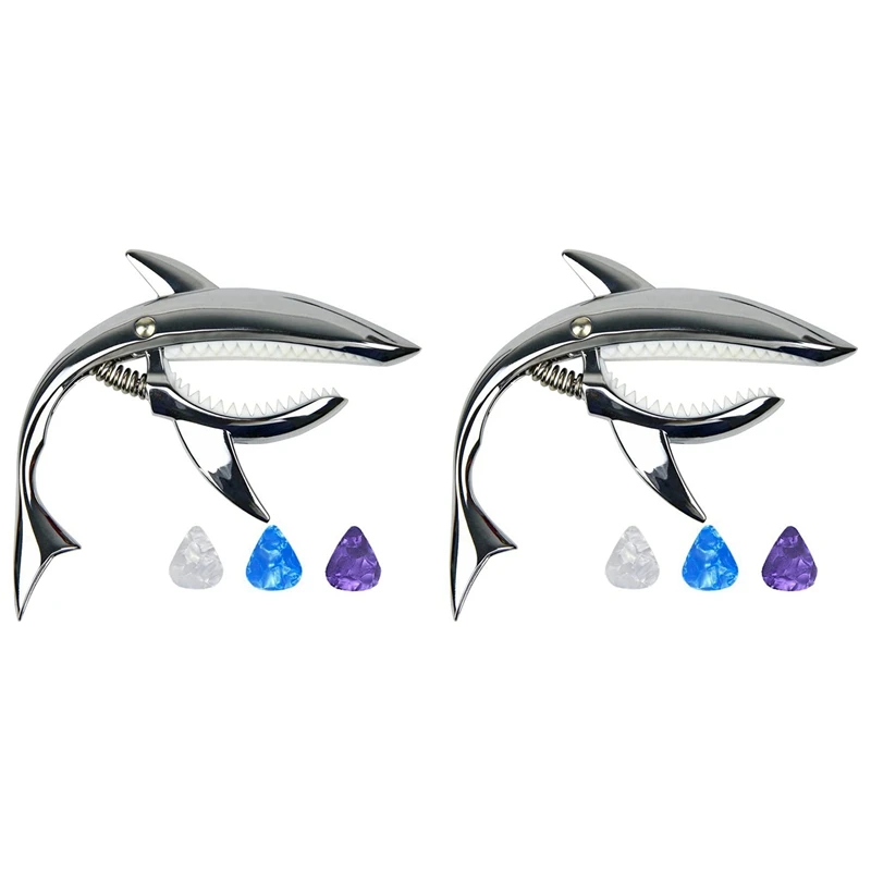 

2X Shark Guitar Capo Zinc Alloy Capo For Acoustic Electric Classical Guitars And Bass Ukulele Capo With Pick,Silver