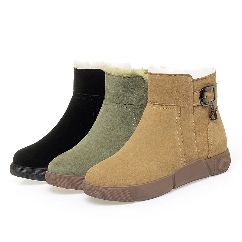 Damskie ocieplane skórzane śniegowce z futerkiem, zimowe, ciepłe, niskie, sportowe, codzienne, z gumową podeszwą i wełnianą wyściółką.