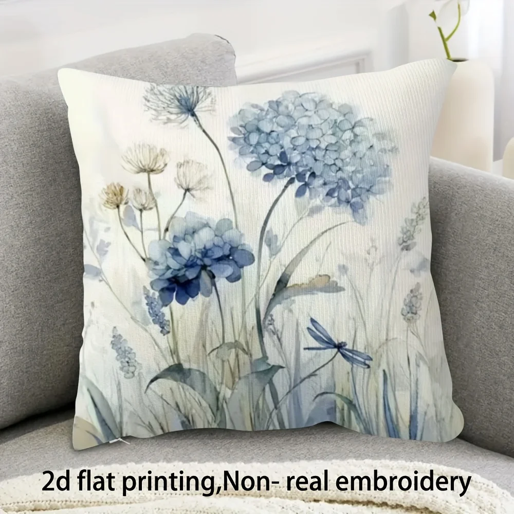 Sided Watercolor Blue Hydrangea Pillow Cover Boho Wildflower Dragonfly Print Soft Throw Pillow Case for  Home Decor Gift