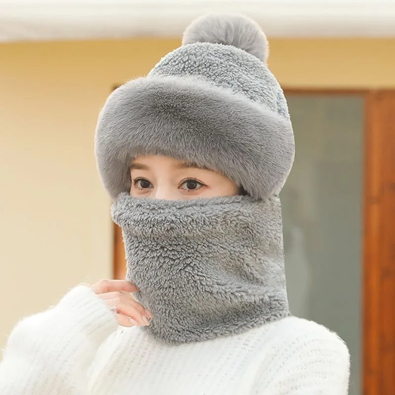 Neck Protection Windproof Hat Scarf Mask Integrated Hairball Beanies Hats Winter Warm and Thickened Fashion Plush Hats Women