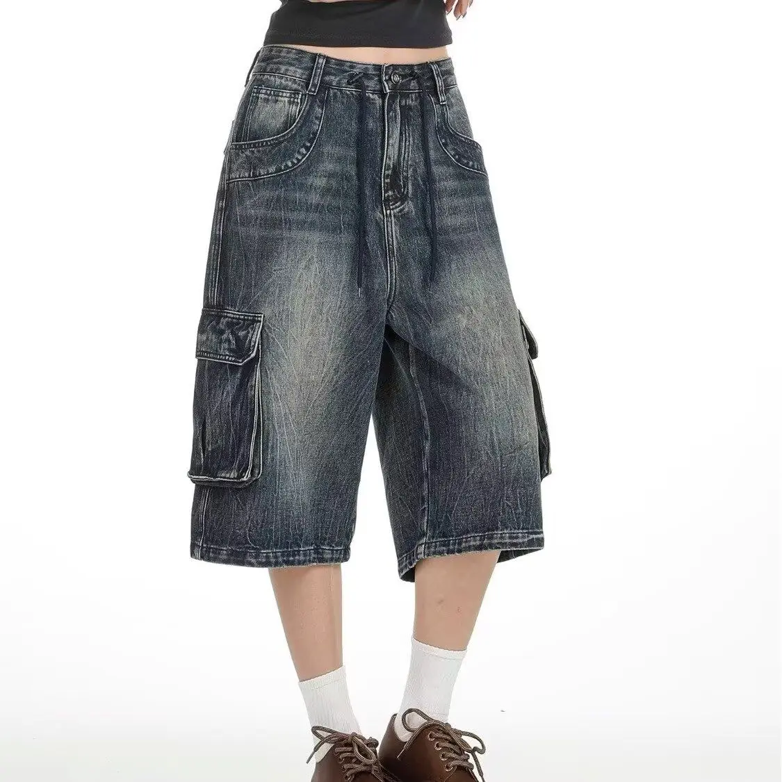 Loose Straight Leg Men's Denim Shorts Wide Leg Workwear Casual mid Waist Seven-Foot Jeans Stylish And Handsome Large Size