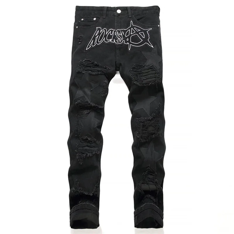 Herfst en winter retro zwarte gescheurde jeans heren broek met rechte pijpen Pentagram patch casual jeansbroek
