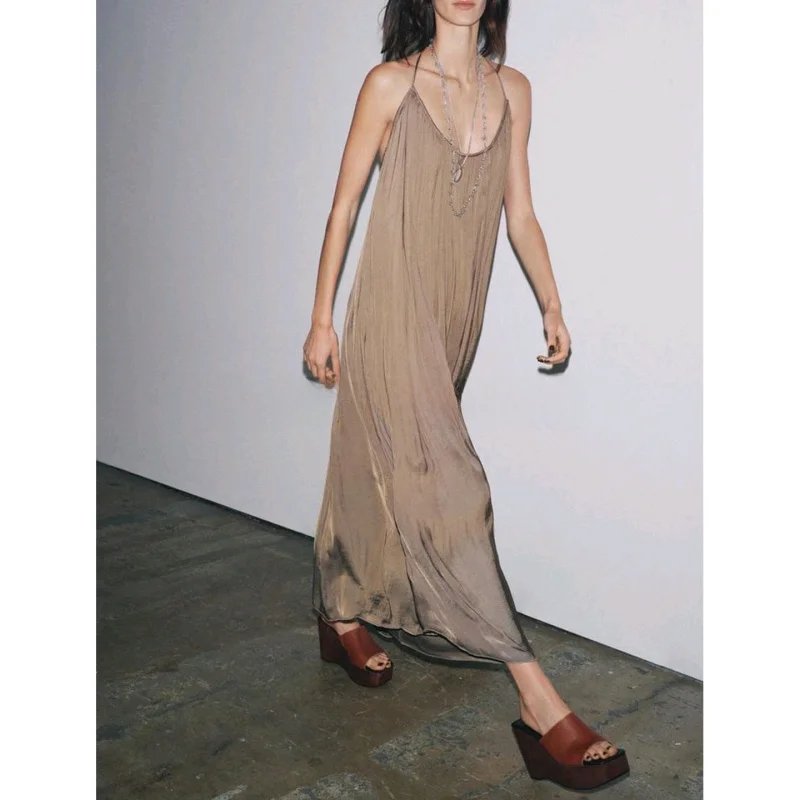 Herbst Damen Bal Strap Satin Feel Dr Casual Sle Fransen Lose Taille Polyesterfaser No Sve Midi X Version