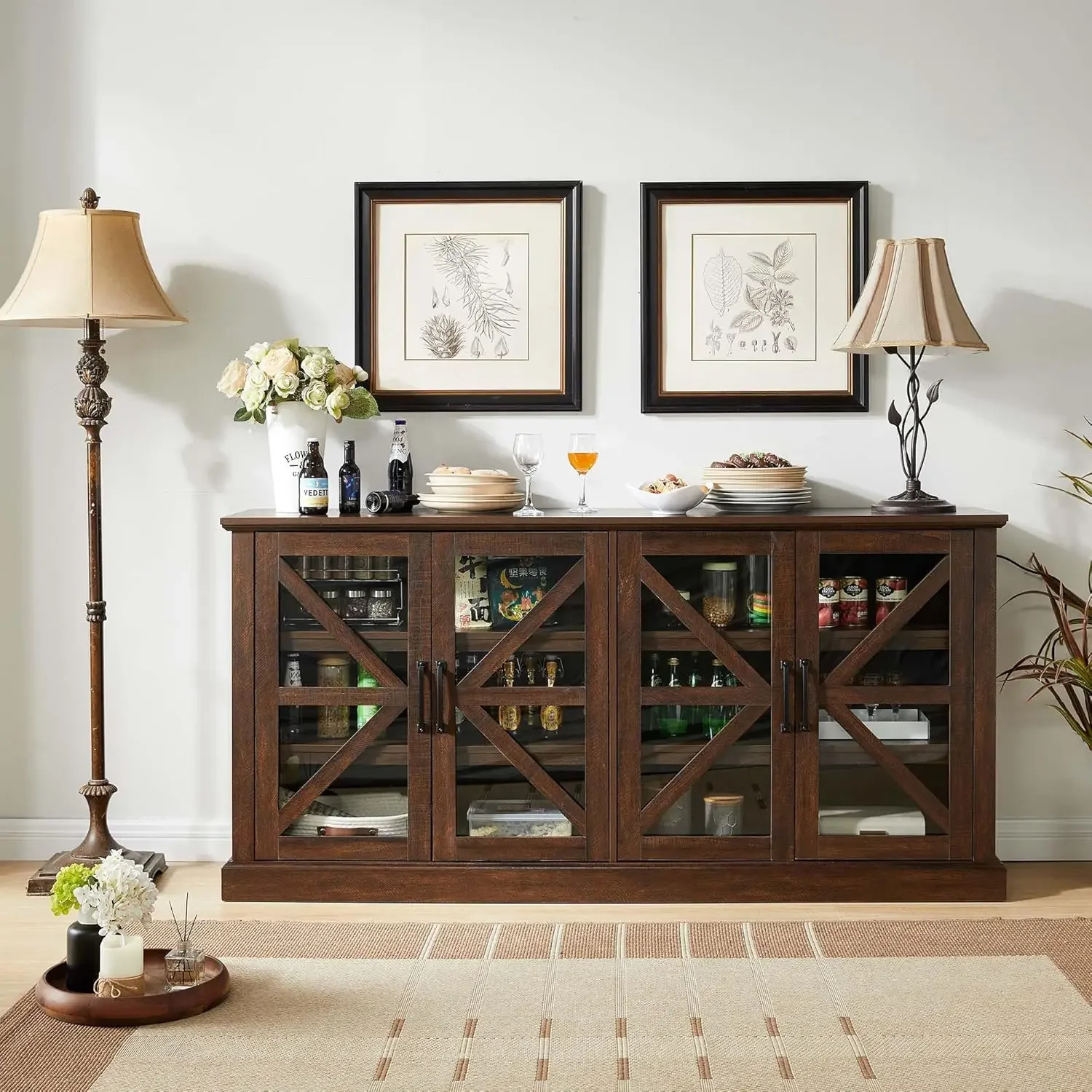 Modern Buffet Cabinet With Storage, Wood Rustic Sideboard W/4 Glass Barn Doors & Adjustable Shelf, Coffee Bar Cabinet