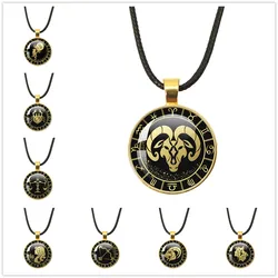 Necklace 12 Constellations Zodiac Sign Pendant Leather Rope Necklace Libra Aries Leo Glass Chain Necklace Fashion Birthday Gift