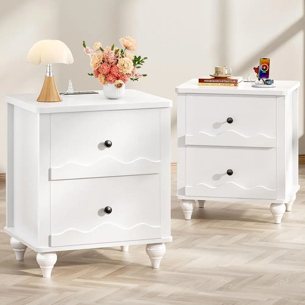 

White Nightstand with Charging Station Set o 2, Scalloped Bede Table with 2 Smooth Ders, ern End Table with Solid Wood Legs or B