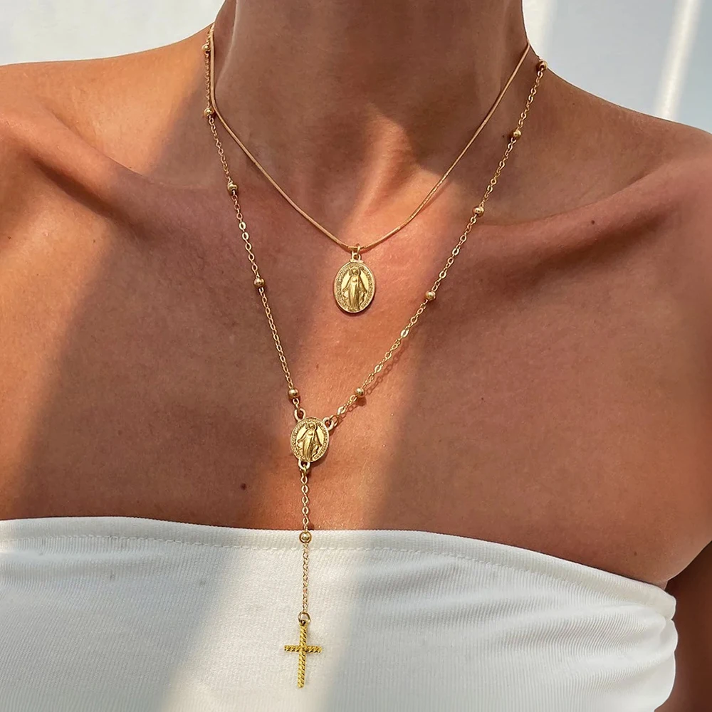 Conjunto de Collar de Dos Piezas Chapado en Oro para Mujer, con Colgante de la Virgen María y Cruz, Joyería Religiosa