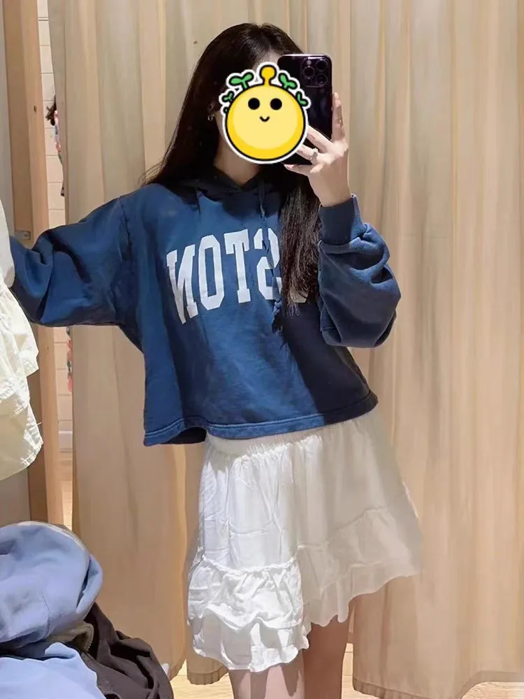 Casual Women Long Sleeve Letter Printing Sweatshirts 2023 Autumn Fashion Navy Hooded Tops Chic Female Loose Pullover