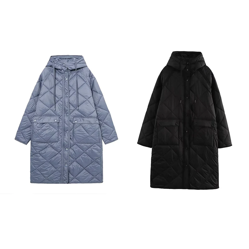 

Women's Jacket 2025 Winter New Solid Color Long-Sleeve Quilted Decor Hooded Simple Loose Long Cotton Coat Stylish and Trendy