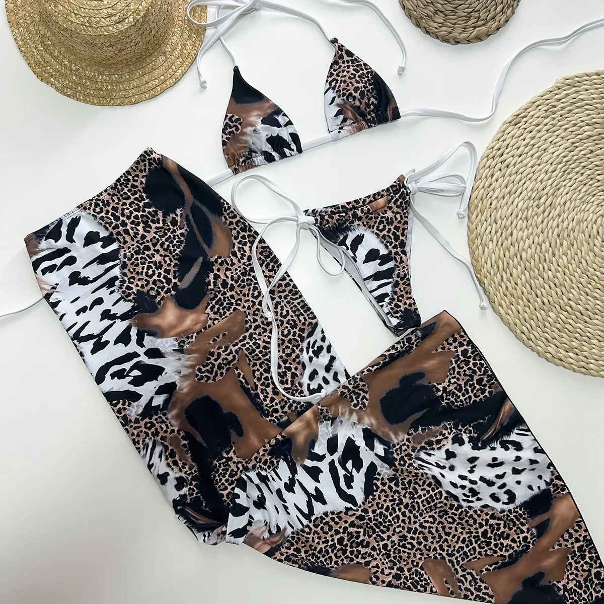 3 Pieces Bikini Set Push Up Bikini 2024 Sexy Leopard Women Swimsuit Female Swimwear Print Bathing Suit Beachwear Cover Ups