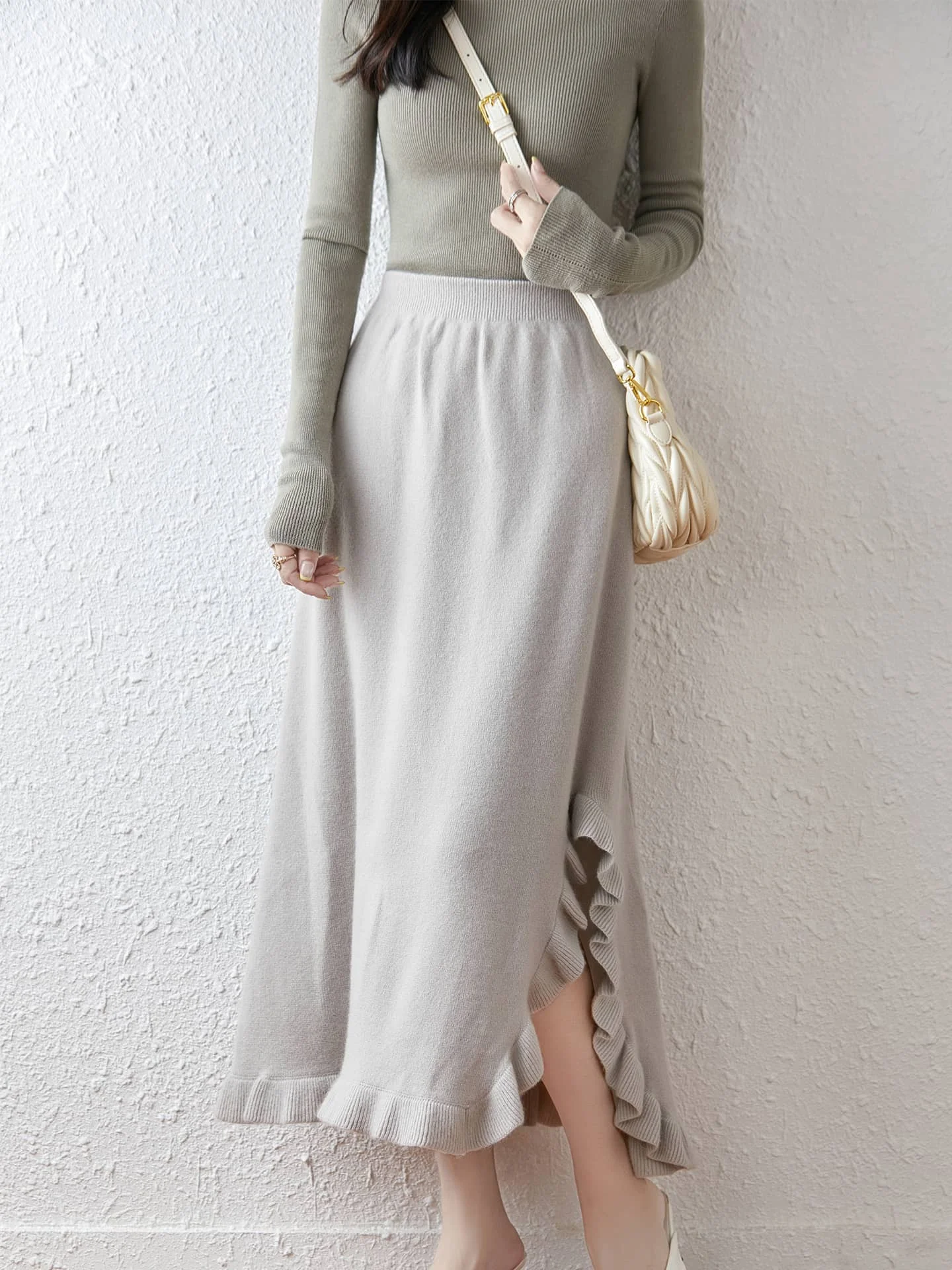 100% Merino Wool Women's A-line Irregular Ruffle Edge Mid Length Autumn Winter Thick Casual Fashion Cashmere Knitted Skirt