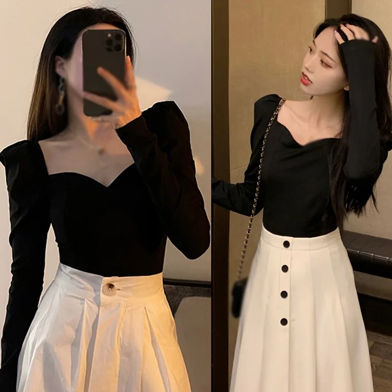 2024 Summer Korean French Solid Square Neck Slim Fit Sexy Bubble Sleeves Long sleeved T-shirt Top