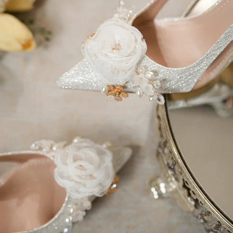 Flower Design High Heels Women Luxury Brand Wedding Shoes Shallow Fashion Slingback Dress Shoes 2025 Pointed Toe Sandals Female
