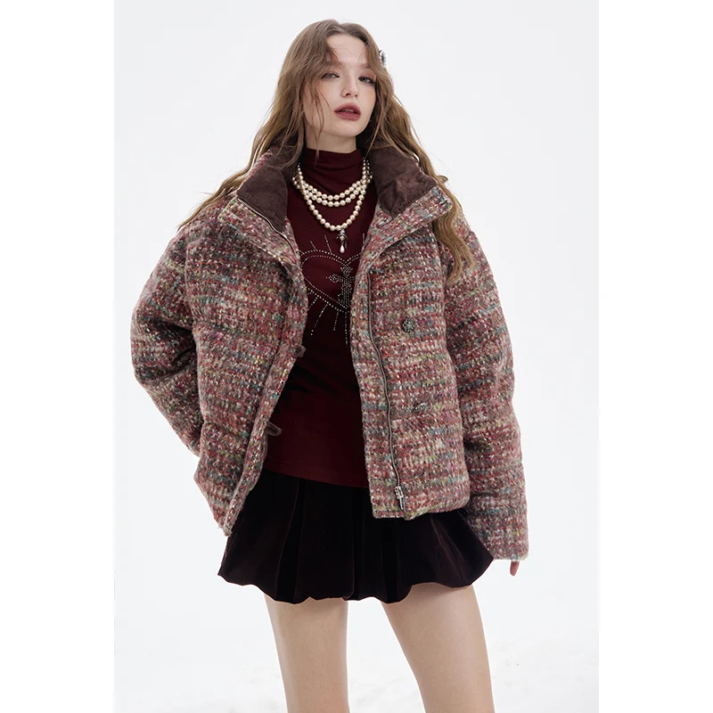 ELFSACK 2025 invierno nuevas llegadas Y2K elegante a cuadros Puffer cuello de piel sintética botón con cremallera completa Chaqueta corta para mujer
