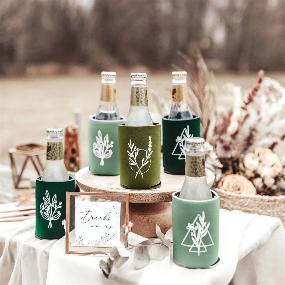 

Green Botanical Wedding Cozies | Sage Moss Olive Floral Bridal Party Favors, Forest Greenery Woodland Wedding Shower Can Coolers