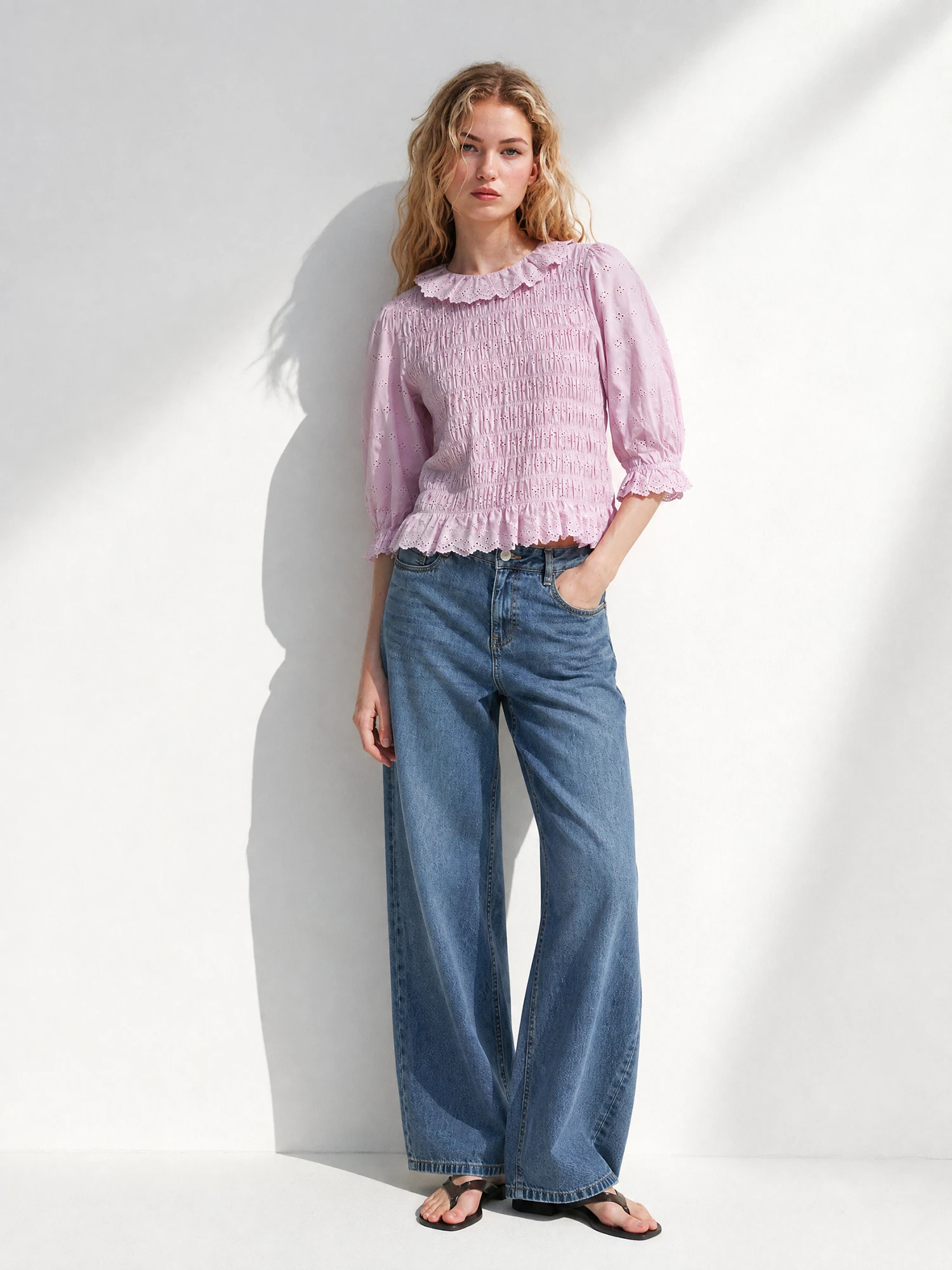 Comfortable Wide Leg Straight Jeans Lightweight No Stress Premium Combed Cotton Lyocell Women's Soft Natural Waist Jeans