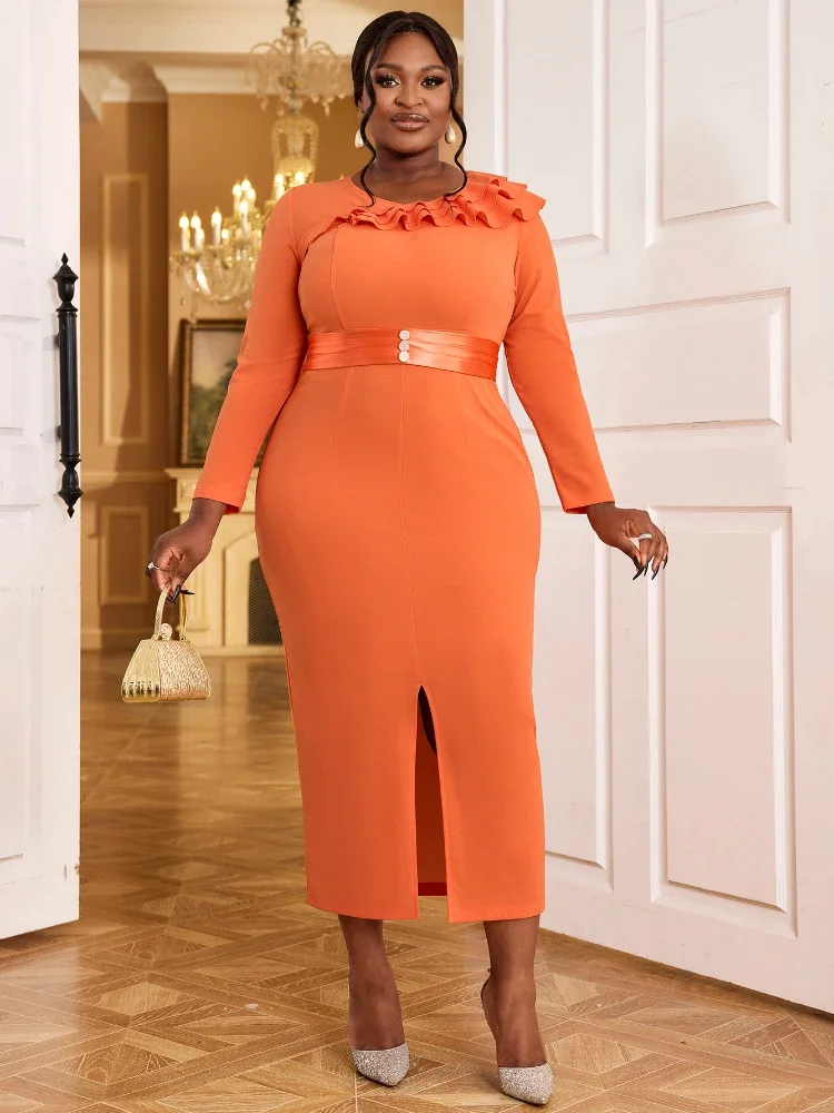 Orange Maxi Dresses for Women O Neck Long Sleeves Tierred Ruffles High Waist Bodycon Fashion Elegant Simple Party Clubwear Gowns