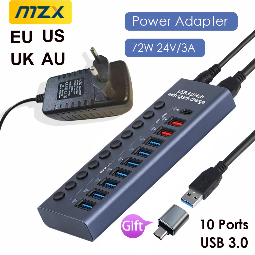 MZX 10 7 4 Ports USB Hub 3.0 Aluminum Multi Splitter Concentrator A PD Charger Power Adapter Multiple Expander Hubs With Switch