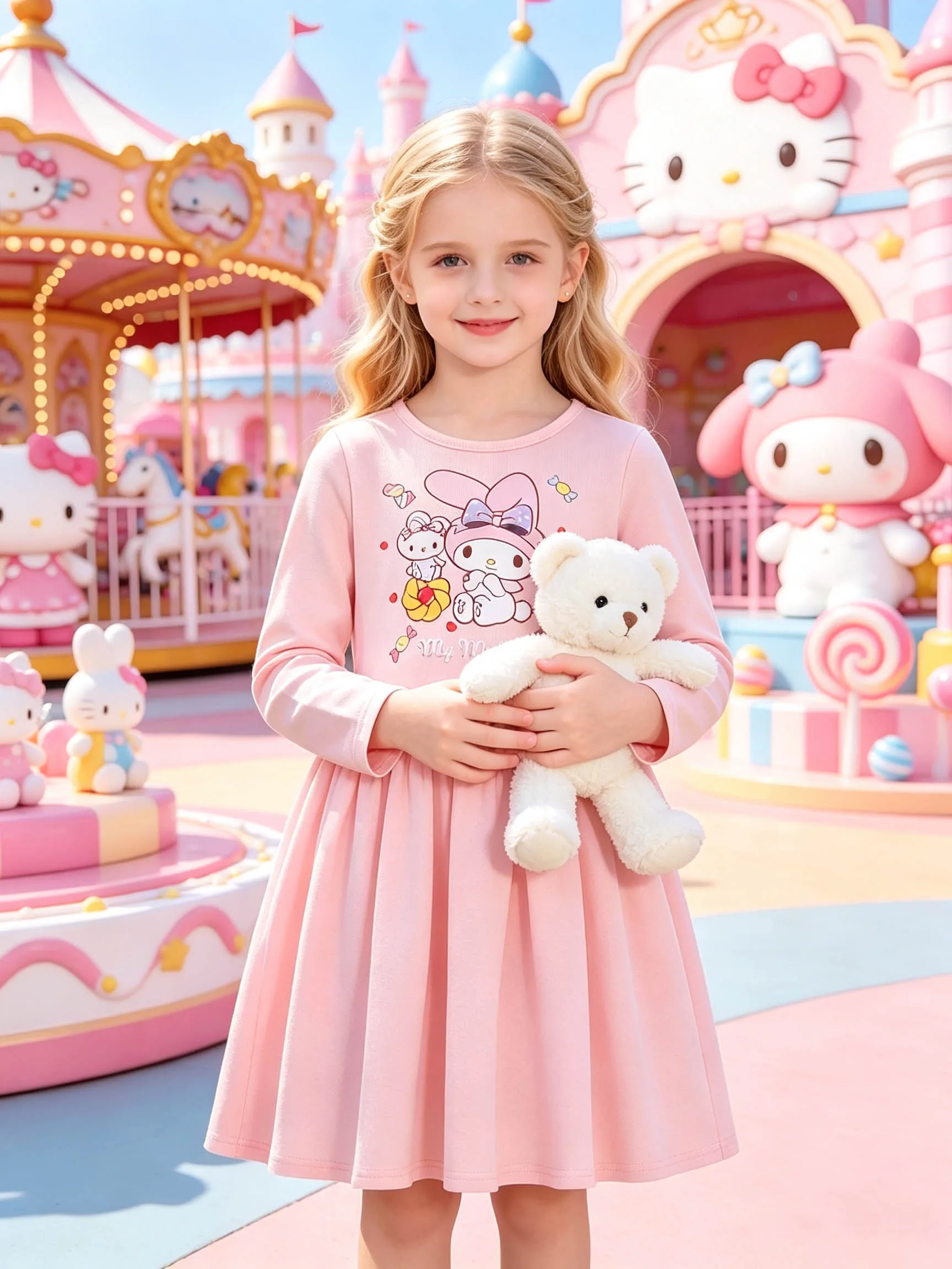 Peach Pink My Melody Girls' Autumn Dress, Candy Print Long-Sleeve Pure Cotton Daily Dress