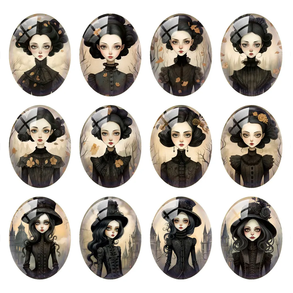 10pcs/lots Gothic Black Style Girl Oval Photo Glass Cabochon Charm Demo Flat Back Cameo For Diy Jewelry Making Accessories