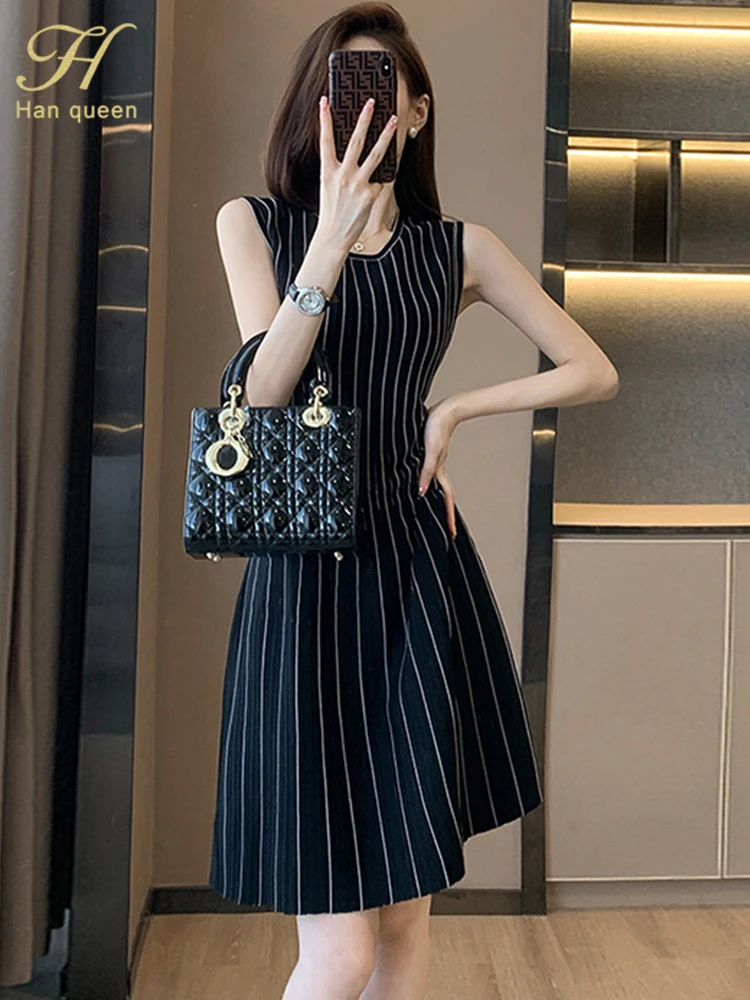 H Han Queen 2024 Summer New Elegant Party Dresses Korean Stripe Vintage Vestido A-Line Casual Office Short Dress Woman Clothes