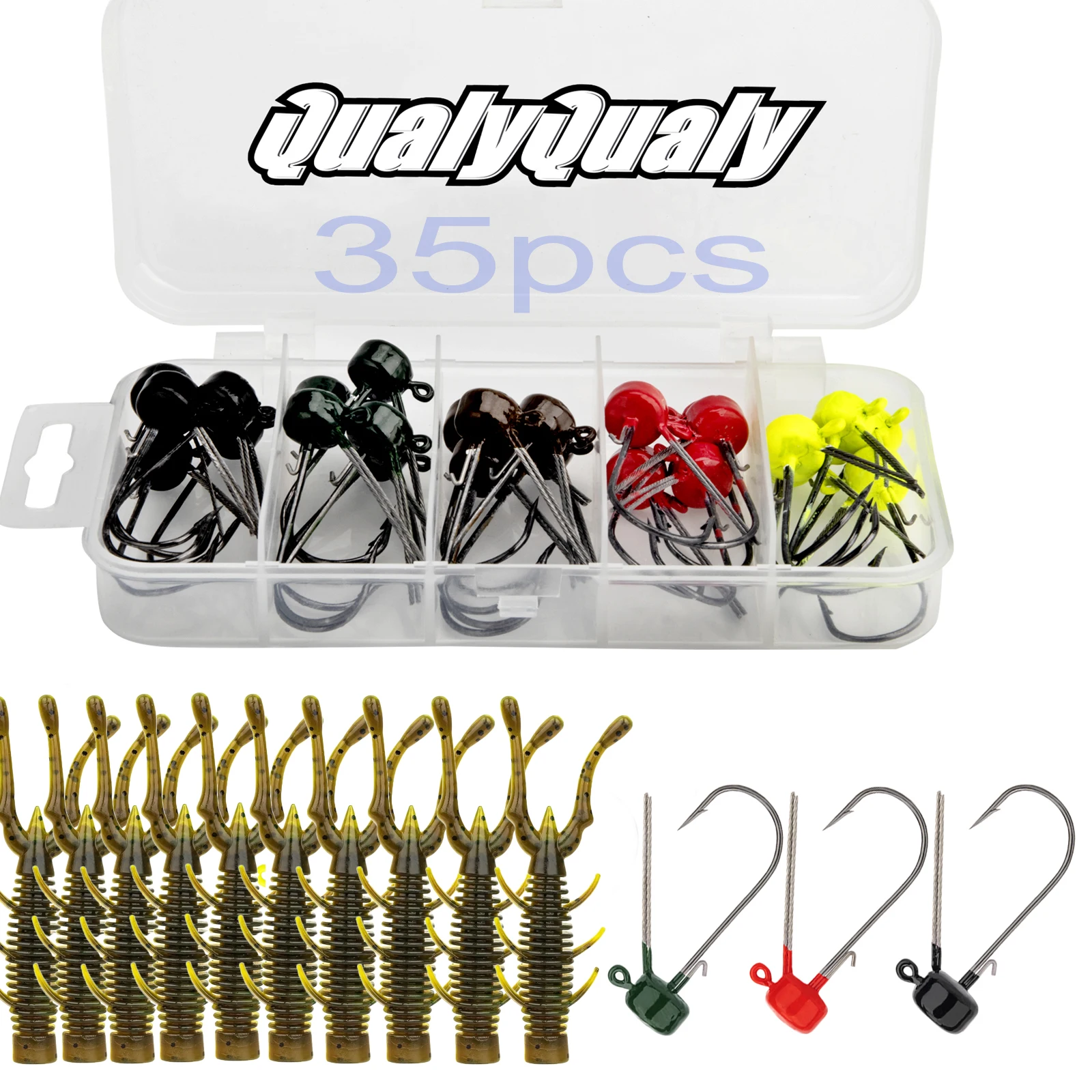 

35pcs Ned Rig Jig Head Hooks With Soft Shrimp Lures 3.5g 5.5g 6.5g Weedless Mushroon Heads Fishing Hooks Barbed Fishhook