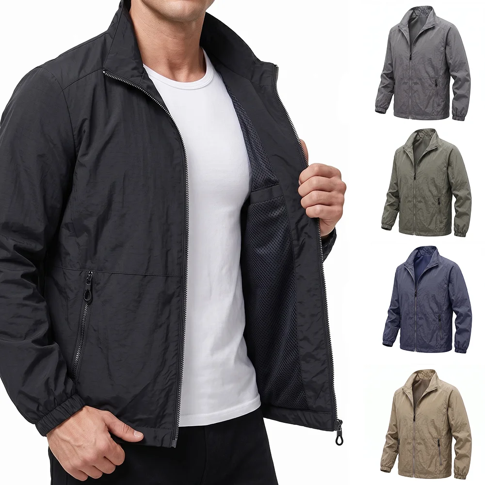 Men's Stand Collar Lightweight Jacket Zip Up Windbreaker Casual Thin Outerwear Mesh Lining Windproof Coat For Daily Wear