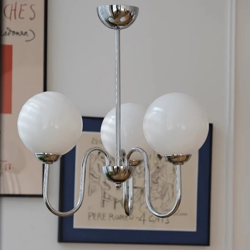 Bauhaus White Glass Ball Chandeliers Electroplating Wrought Iron Pendant Light Living Room Bedroom Restaurant Hotel Hanging Lamp