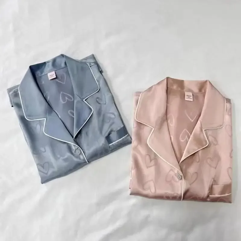 Spring Autumn Pajamas 2/pce Set Women Jacquard Love Solid Color Ice Silk High-end Loungewear Long-sleeved Trousers Comfortable