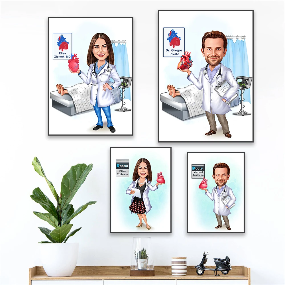 Custom Male Cardiologist Poster Personalized Heart Doctor Gift Cartoon Portrait Prints Custom Caricature Canvas Painting