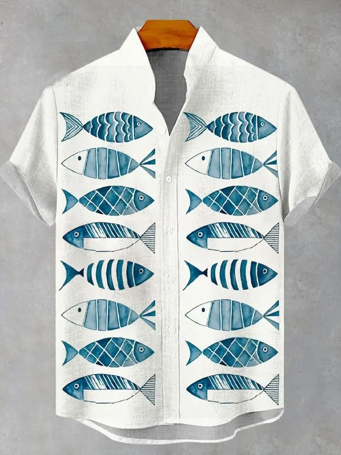 2025 elegant fish print men's new linen comfortable breathable fabric short sleeved shirt for fishing enthusiasts to wear - Image 4