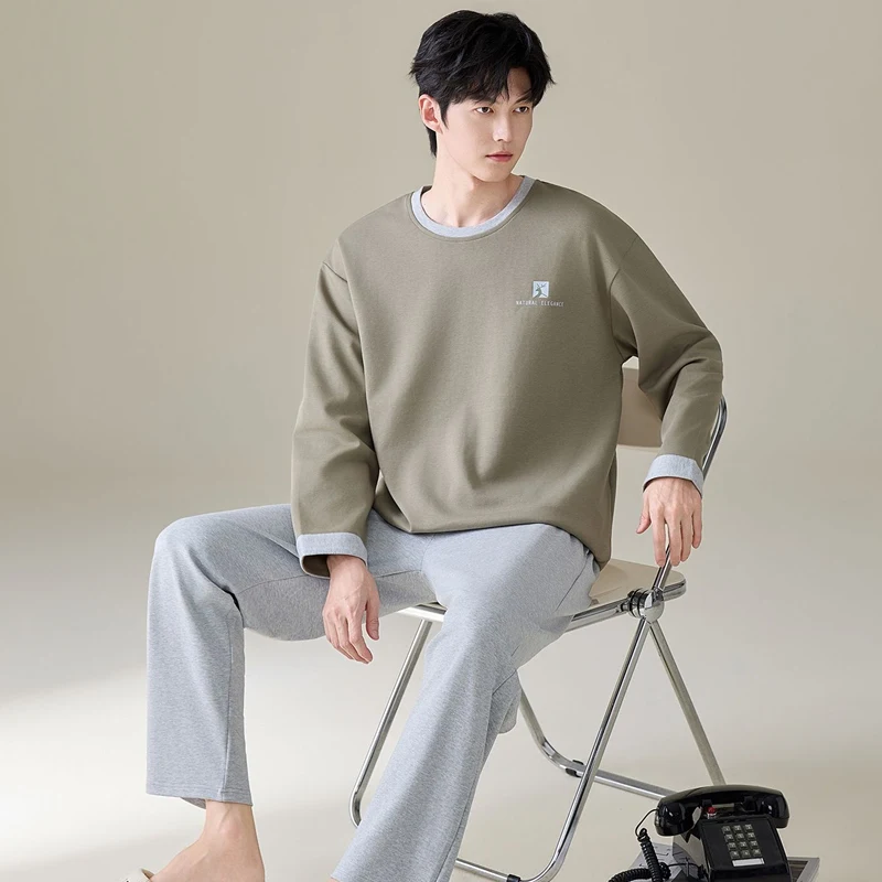 2026 Autumn Winter Long Sleeve 100% Cotton Pajama Sets for Men Korean Loose Sleepwear Pyjama Male Homewear Lounge Home Clothes