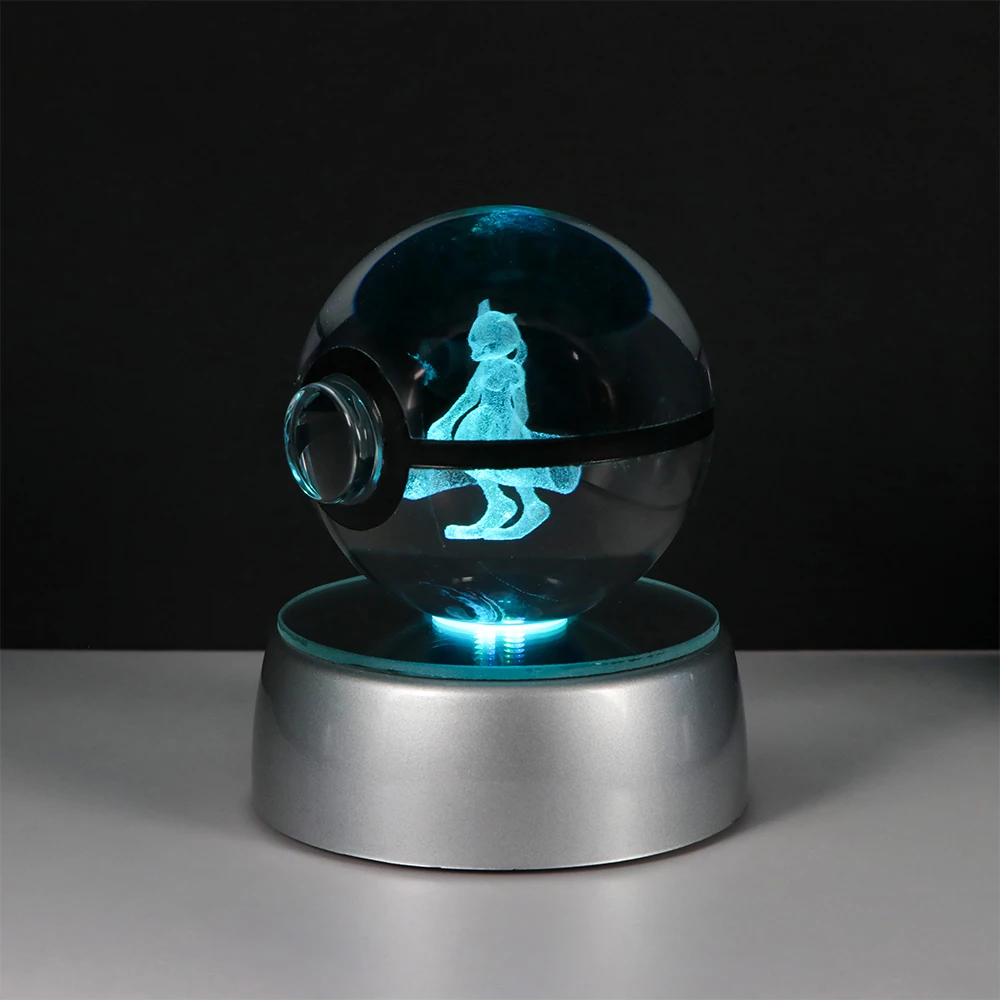Pokemon 3D Kristallkugel Pikachu Figur Pokeball Gravur Kristall Glurak Modell mit LED-Lichtbasis Spielzeug Anime Weihnachtsgeschenk
